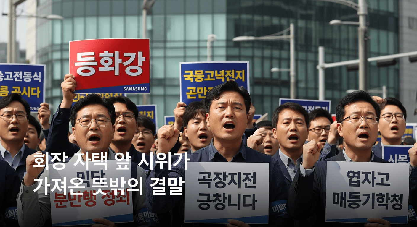 삼성전자 노조 사상 첫 총파업 예고. 회장 자택 앞 집회로 압박 수위 높였다.